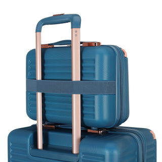 "Stylish Blue Fiber ABS Travel Bag Set with Double Wheels & Matching Makeup Bag"